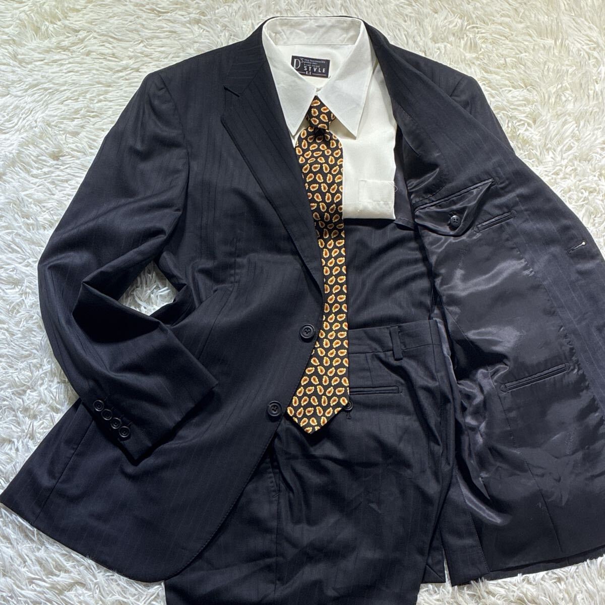 極美品/XL相当◎アクアスキュータム Aquascutum スーツ セットアップ 黒 ブラック ストライプ シルク混 絹 92A5 メンズ 紳士服拍卖