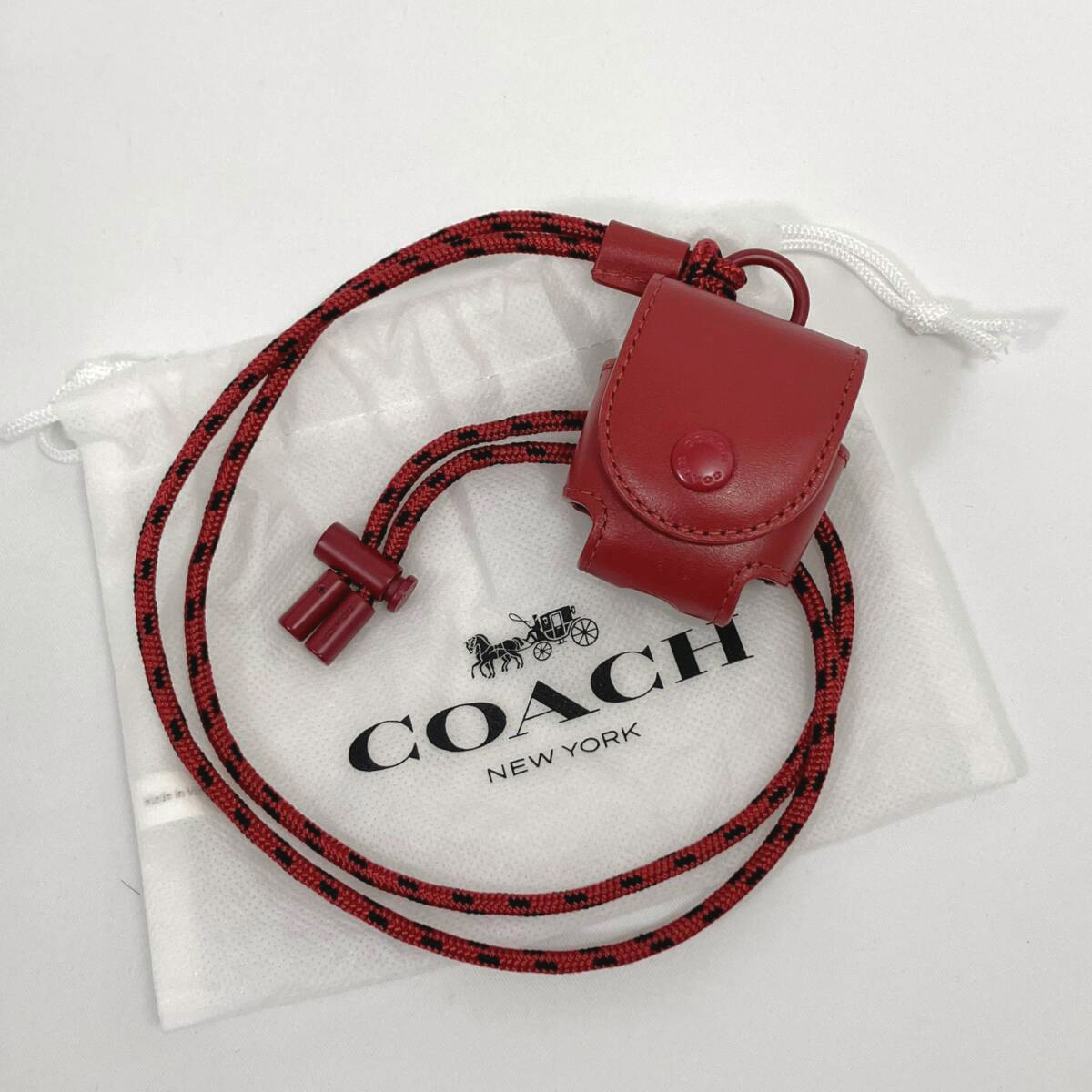 コーチ AirPods ケース 1170 レザー レッド ネックストラップ付 イヤホンケース COACH拍卖