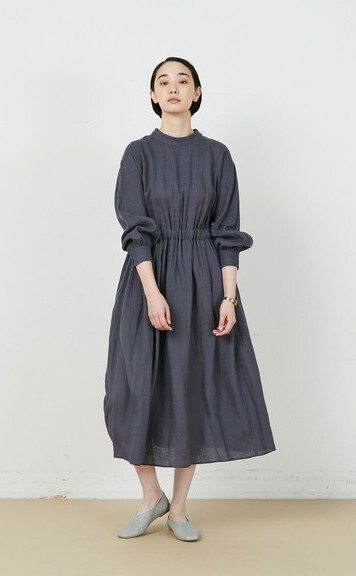 美品 定価2.7万 アデュートリステス バックリボン リネンワンピース グレー ヴィンテージ風拍卖