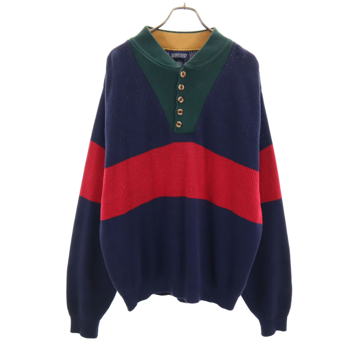 LANDS' END ランズエンド 90s USA製 オールド 長袖 ヘンリーネック ニット XL ネイビー セーター メンズ拍卖