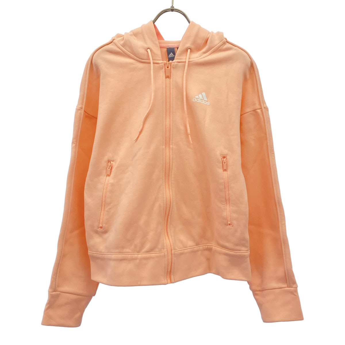 adidas アディダス ロゴプリント 長袖 スウェット ジップパーカー M サーモンピンク レディース拍卖