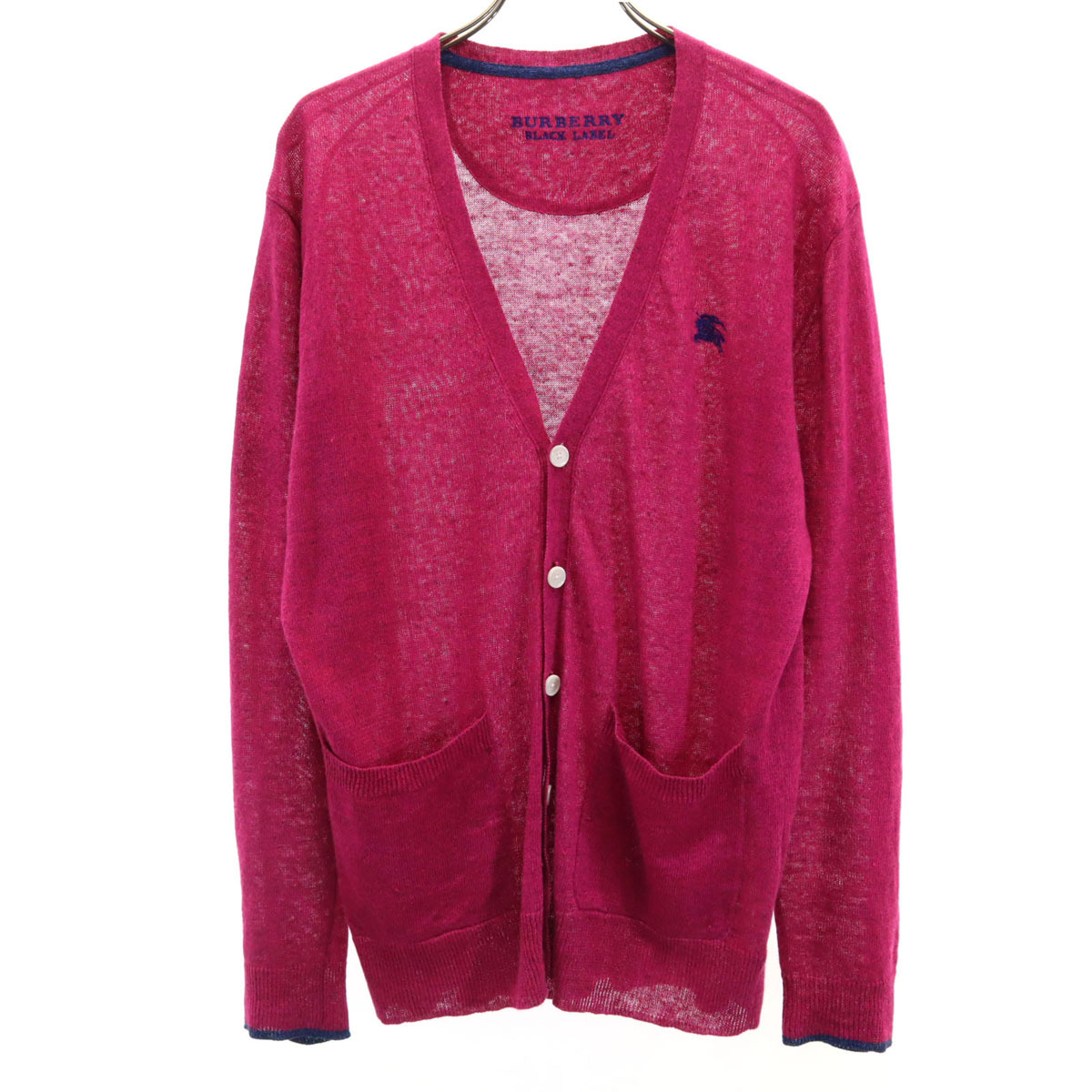 BURBERRY BLACK LABEL バーバリーブラックレーベル リネン 長袖 Vネック ニットカーディガン 2 マゼンタ 三陽商会 メンズ拍卖