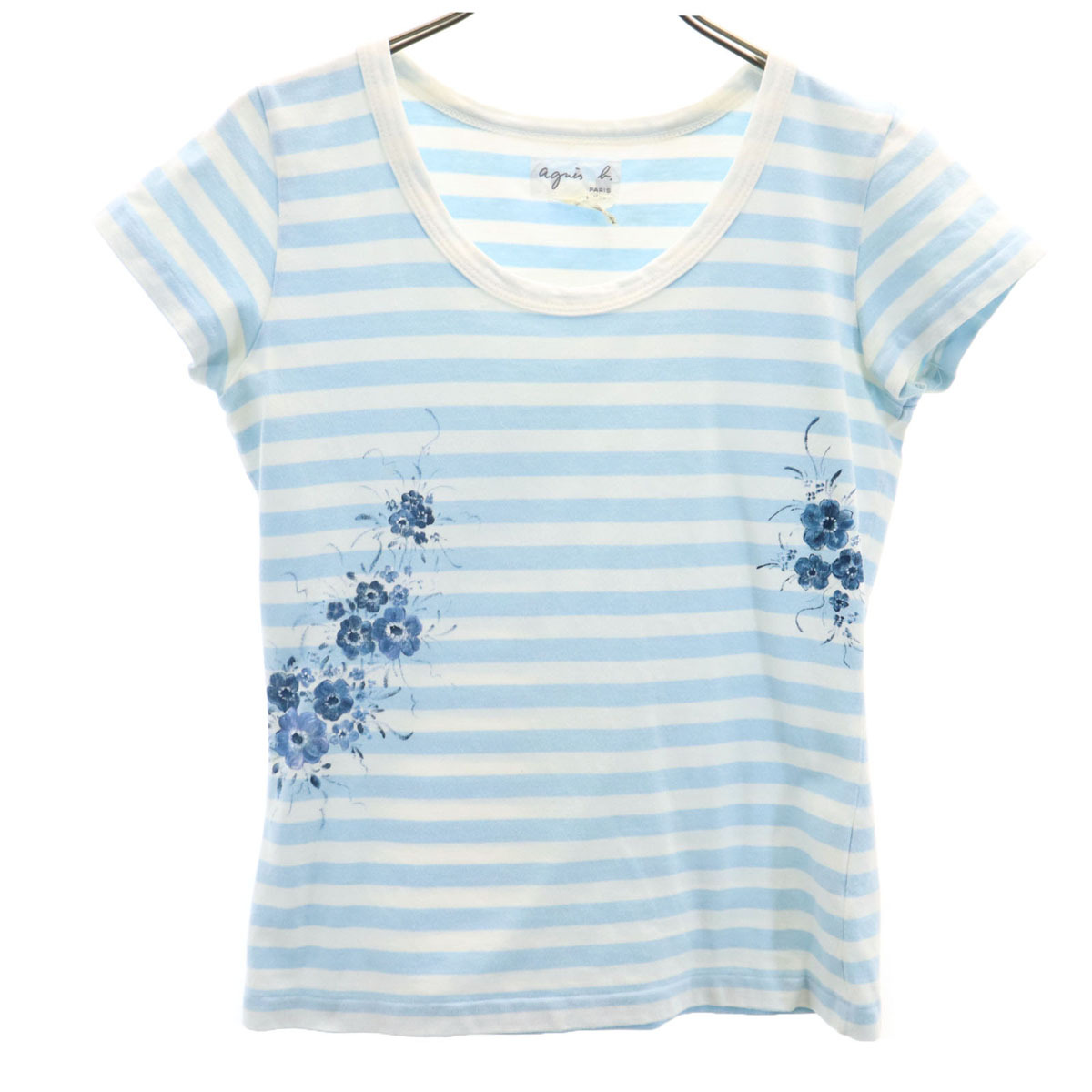agnes b. アニエスベー 日本製 フラワープリント ボーダー柄 フレンチスリーブ Tシャツ 1 ホワイト レディース拍卖
