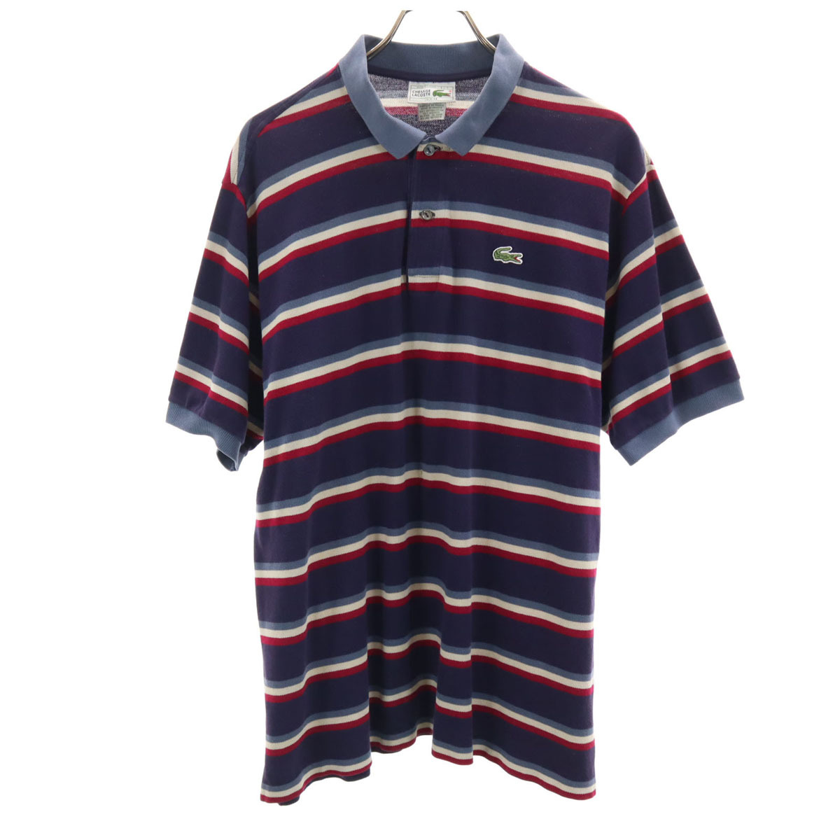 CHEMISE LACOSTE シュミーズラコステ 90s フランス製 オールド ボーダー柄 半袖 ポロシャツ 7 ネイビー 鹿の子 ビッグサイズ メンズ拍卖