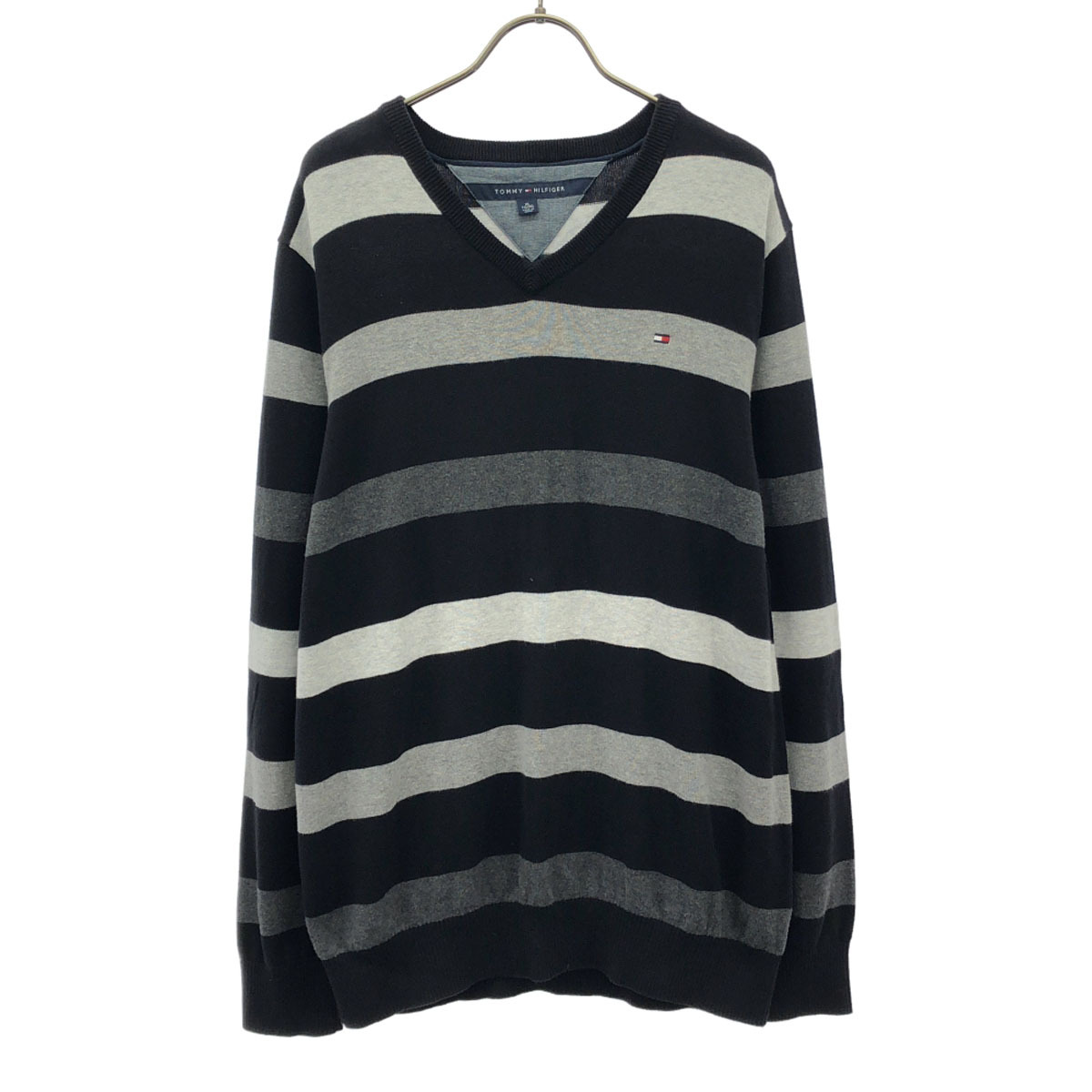 TOMMY HILFIGER トミーヒルフィガー ボーダー ロゴ刺繍 長袖 Vネック コットン ニット XL ブラック系 セーター メンズ拍卖