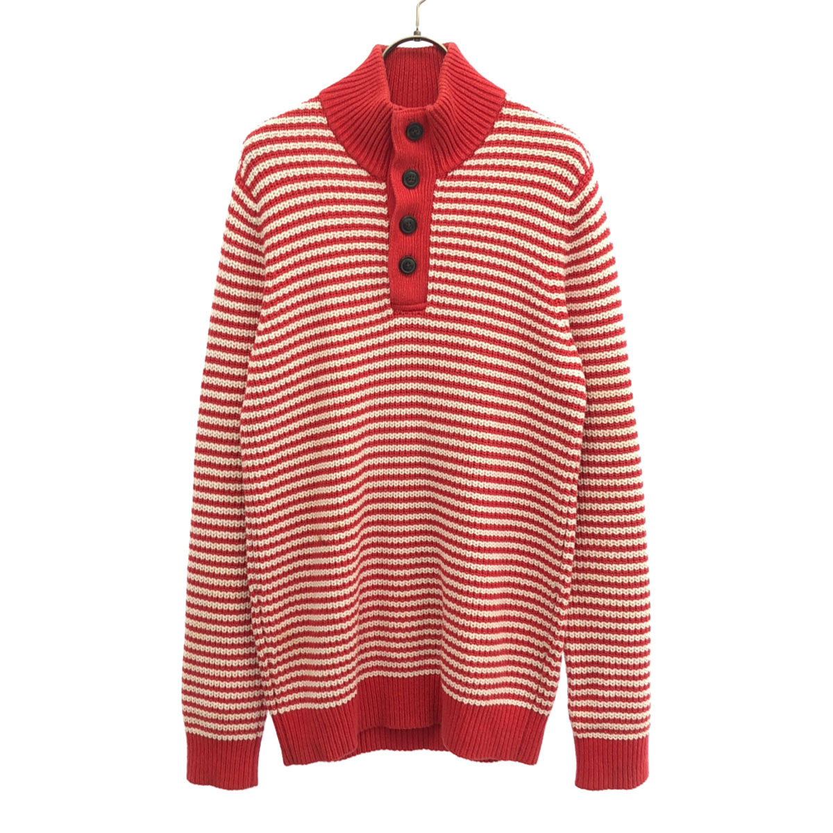 TOMMY HILFIGER トミーヒルフィガー ボーダー柄 長袖 ハーフボタン ニット M レッド系 セーター メンズ拍卖