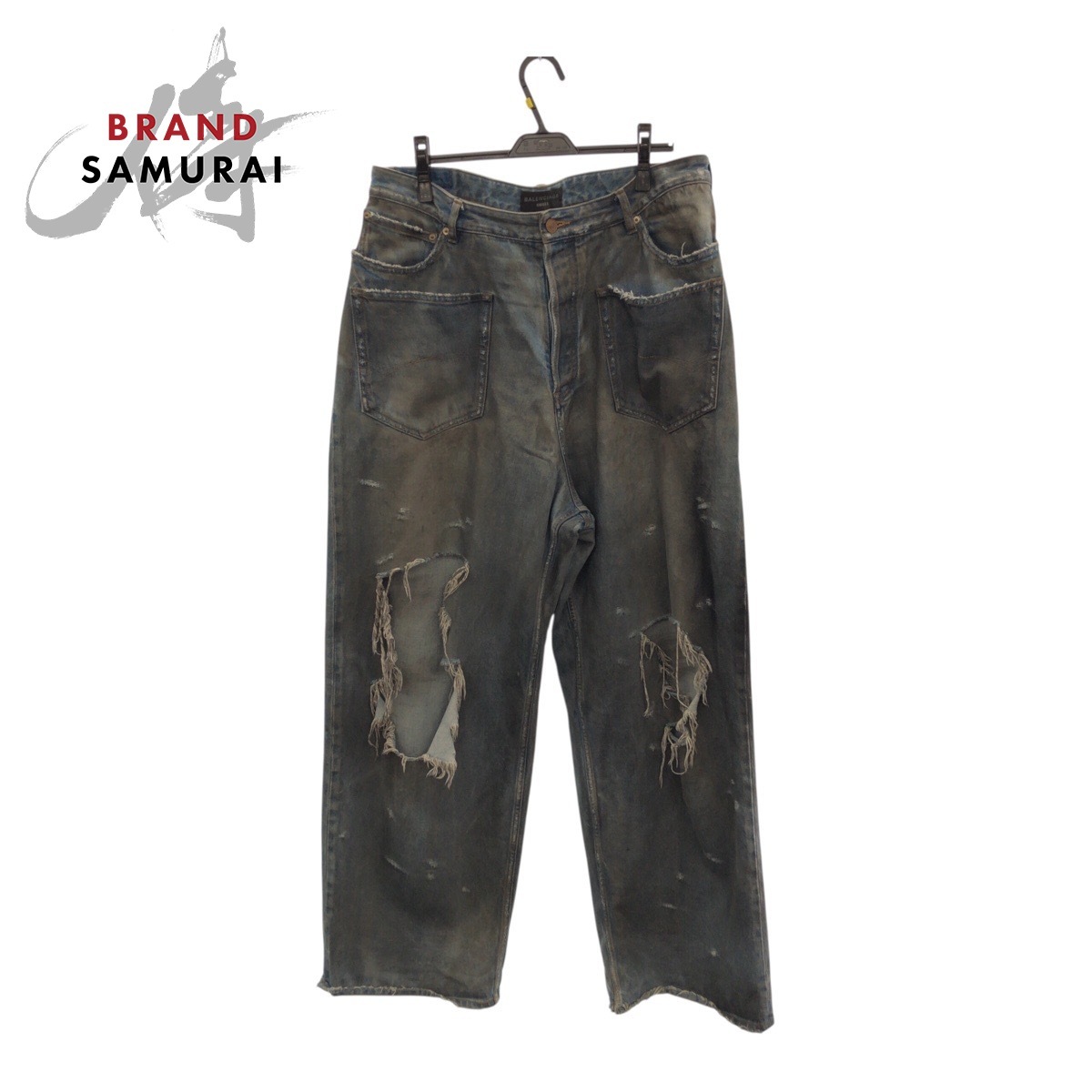 超美品 BALENCIAGA バレンシアガ サイズL ブルー コットン 751111 デニムパンツ ダメージデニム ジーンズ メンズ 505238拍卖