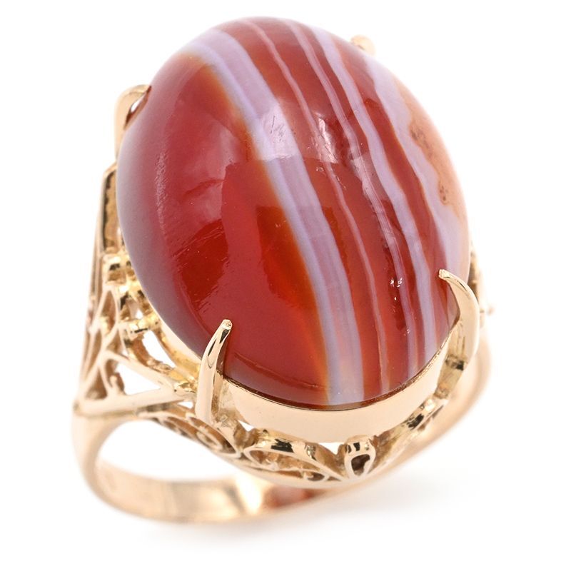 10.322ct天然アゲートリング 13号 K18PG カボションカット サードニクス ブラウン ホワイト 縞模様 ピンクゴールド 地金4g 中古 送料無料拍卖