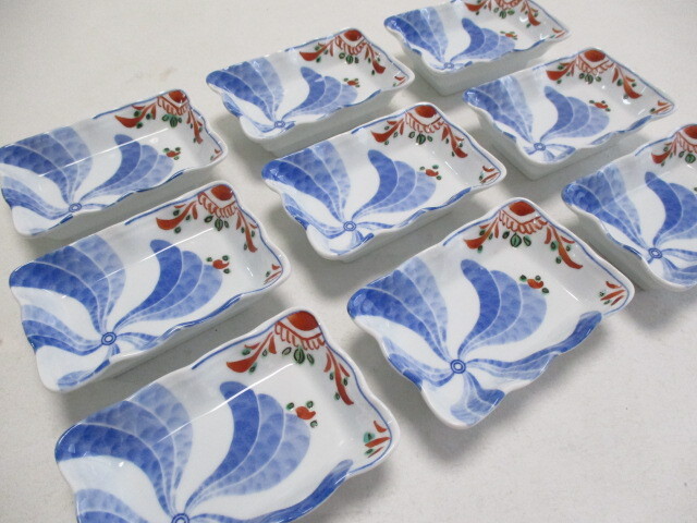 和陶器 染付 手描き赤絵 角小皿 9cm 9個 小付け 豆鉢拍卖