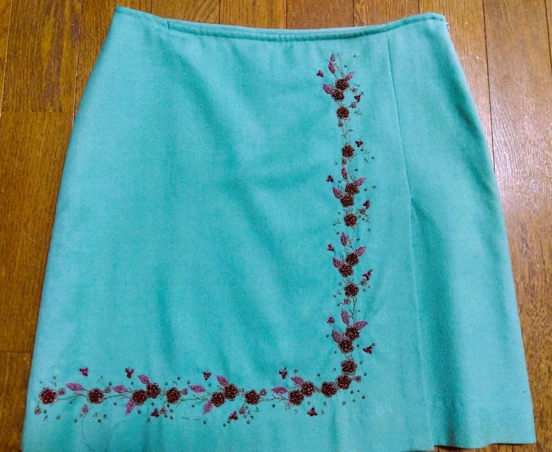 ◆agnes b ペパーミントグリーン×ボルドービーズ刺繍のスカート◆アニエスベー拍卖