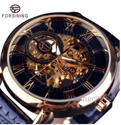 P808★新品腕時計 メンズ FORSINING 高級 ブランド 革 レザー 機械式 スケルトン スチームパンク 自動巻き ブラックゴールド拍卖