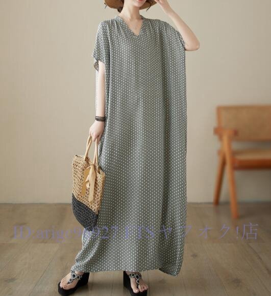 ★新品お色選択可 マキシ丈ワンピース 綿麻 小花柄 Vネック 半袖 キレイめ 大きいサイズ ゆるシルエット 体型カバー 大人 復古風 グレー拍卖