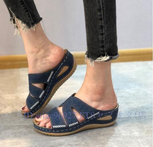 ★新品サンダルレディース カメサンダル前詰まり シューズ メッシュ シューズ夏履きやすい厚底 ウェッジソール ストラップ ネイビー 23cm拍卖