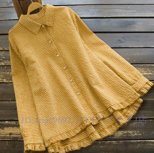 ★新品M-4XLサイズ カジュアル 大きいサイズ チェック柄 綿麻 フリル おしゃれ 普段着 長袖 ブラウスシャツ チュニックイエロー拍卖
