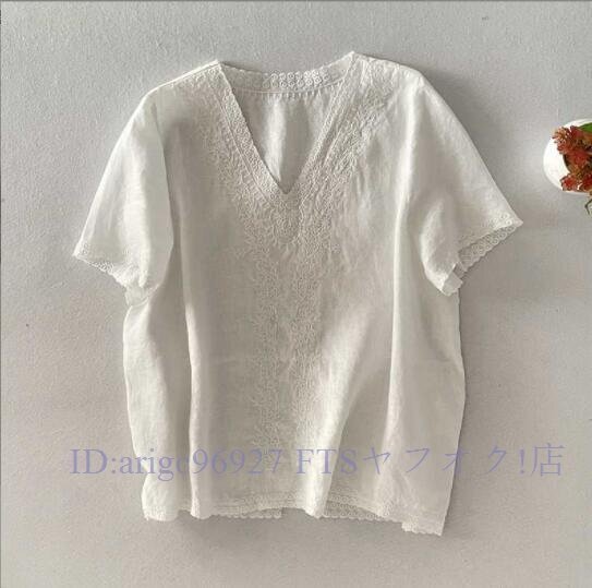 ★新品トップス チュニック フリーサイズ ナチュラル 麻100% リネン RINEN サラサラ ゆったり 刺Vネック 大人可愛 白色お色選択可拍卖