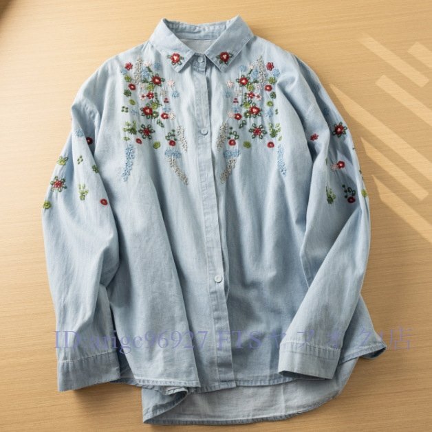 ★新品デニム 刺5 ワイシャツ チュニック オシャレ フリーサイズ ナチュラル 綿100% コットン拍卖