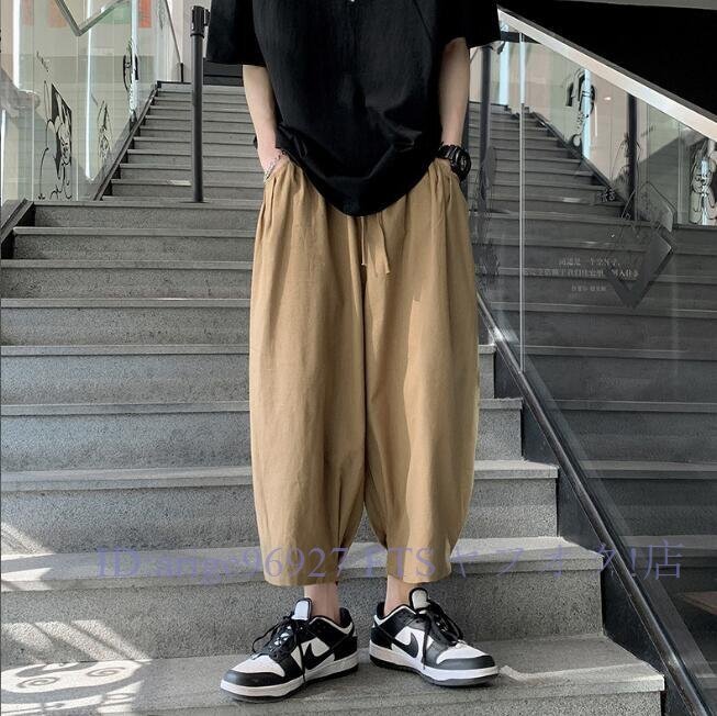 ★新品メンズ ワイドパンツ サルエルパンツ 七分丈 ウエストゴム 夏 薄手 ゆったり 大きいポケット 無地 カジュアル 2色S-3XL拍卖