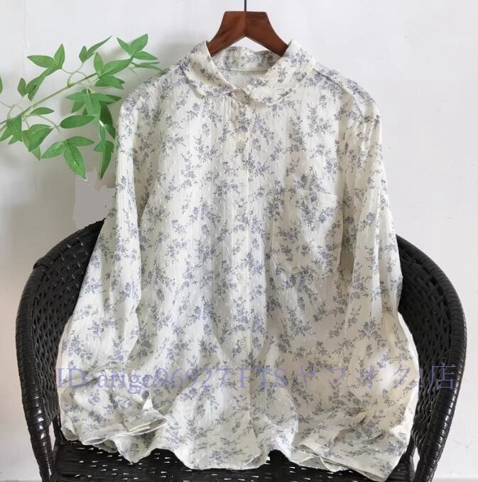 ★新品チュニック ワイシャツ 織り込みドット柄 爽やかなプリント花柄 綿100% ゆったり オシャレ フリーサイズ ナチュラル拍卖