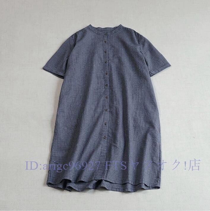★新品ワンピース オシャレ Aライン 前開け 大人可愛 ゆったり チュニック フリーサイズ ナチュラル 綿100% チェック柄拍卖