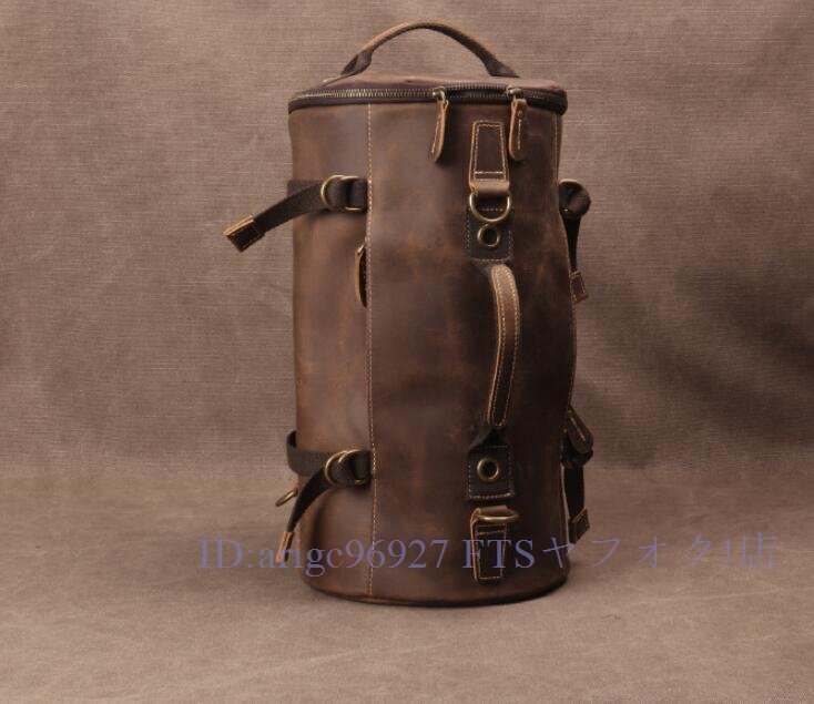 ★新品牛革 円筒形 リュックサックメンズ デイパック大容量本革 おしゃれビジネスリュック バックパック ブラウン 男性用ダークブラウン拍卖