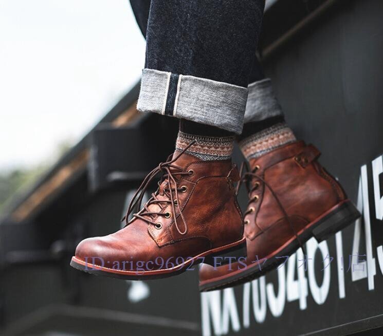 ショートブーツ メンズ マーティンブーツ ワークブーツ革靴ハイカット レザーブーツ エンジニアブーツ 大きいサイズ 24cm-29cmブラウン拍卖
