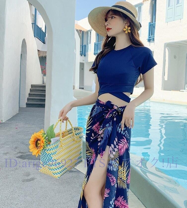 ★新品韓国風 スイムウェア 水着 レディース 3点セット 体型カバー水着 40代 30代 50代 ママ水着 セパレート ネイビー M拍卖