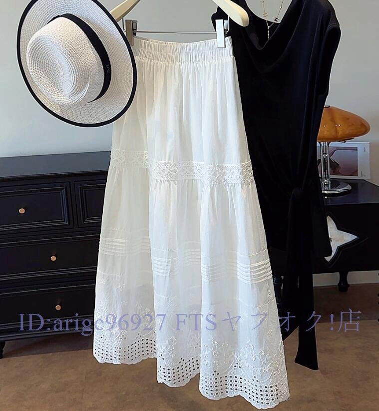 ★新品スカート ゆったり フリーサイズ 大人可愛 ナチュラル 刺花柄 綿100% サラサラ ホワイト拍卖