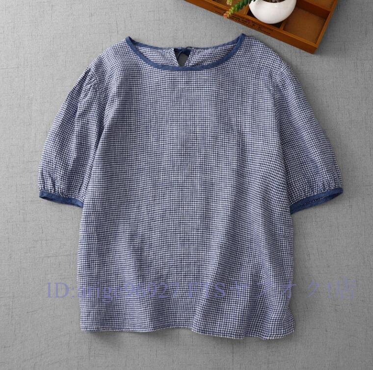 ★新品チュニック ワイシャツ トップス 麻100% ゆったり オシャレ フリーサイズ ナチュラル 通気性手触り抜群 チェック柄 ブルー拍卖
