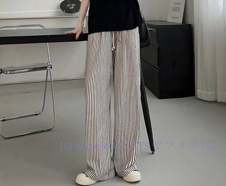 ★新品ワイドパンツ レディース タックワイドパンツ ストレートパンツ 春夏 夏 綿 ワイド スラックス ロング マキシ丈 ストライプ柄拍卖