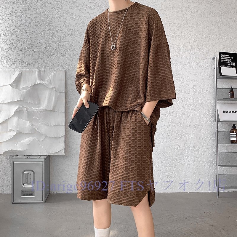 ★新品メンズ 上下セット セットアップ トップス+短パン 2点セット 大きいサイズ 半袖 夏 ゆったり カジュアル茶色多色 M~3XL拍卖