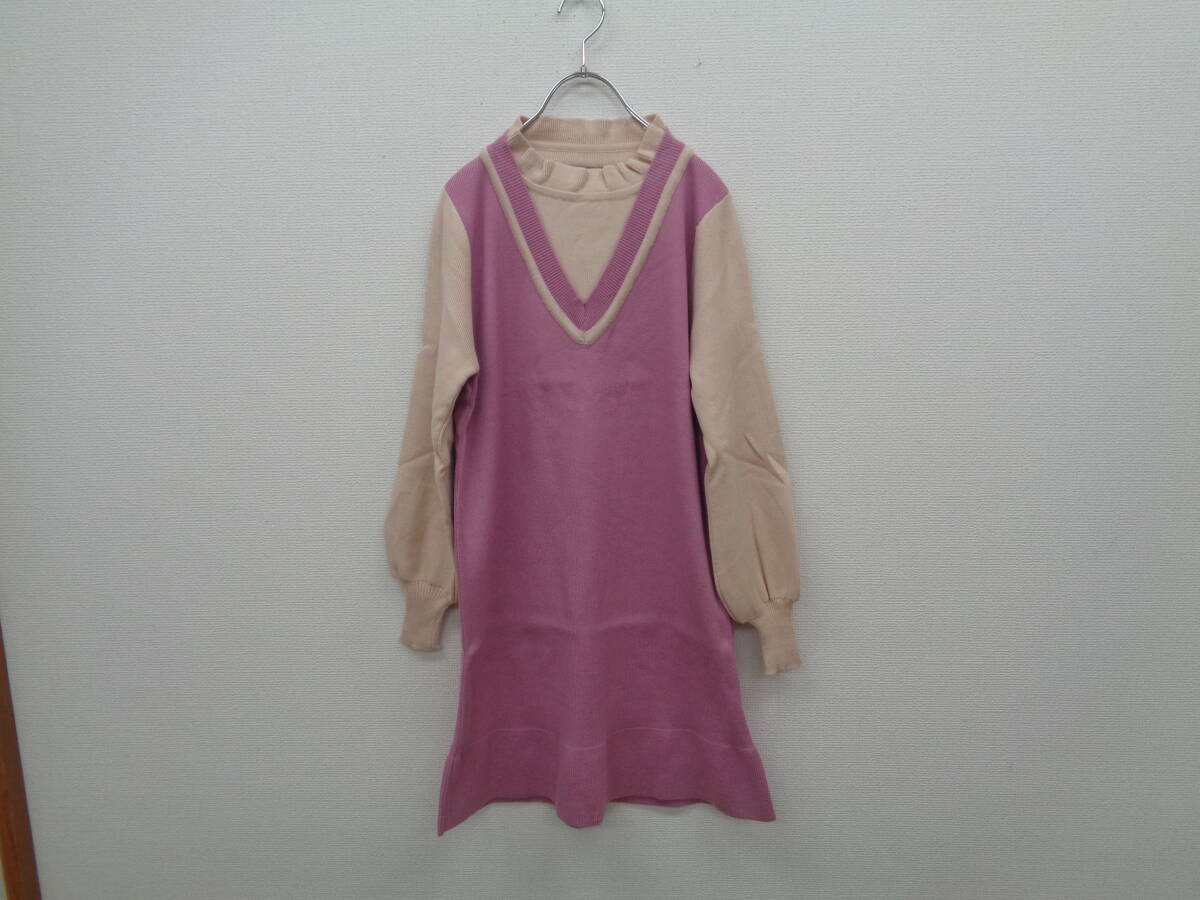 ニットワンピース ニット ワンピース 重ね着 ピンク レディース【A0072】拍卖