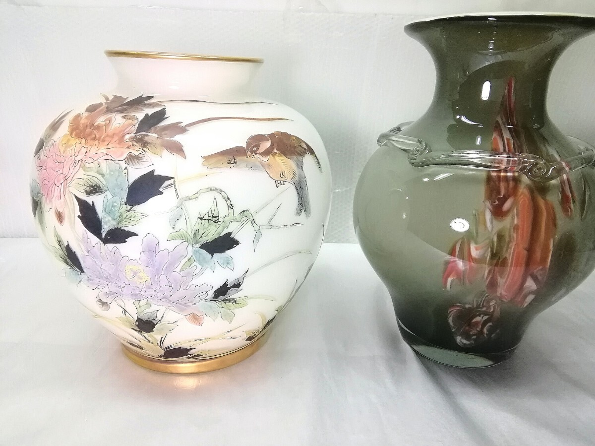 ガラス花瓶 2点セット 雀 金彩 他 (SS)拍卖