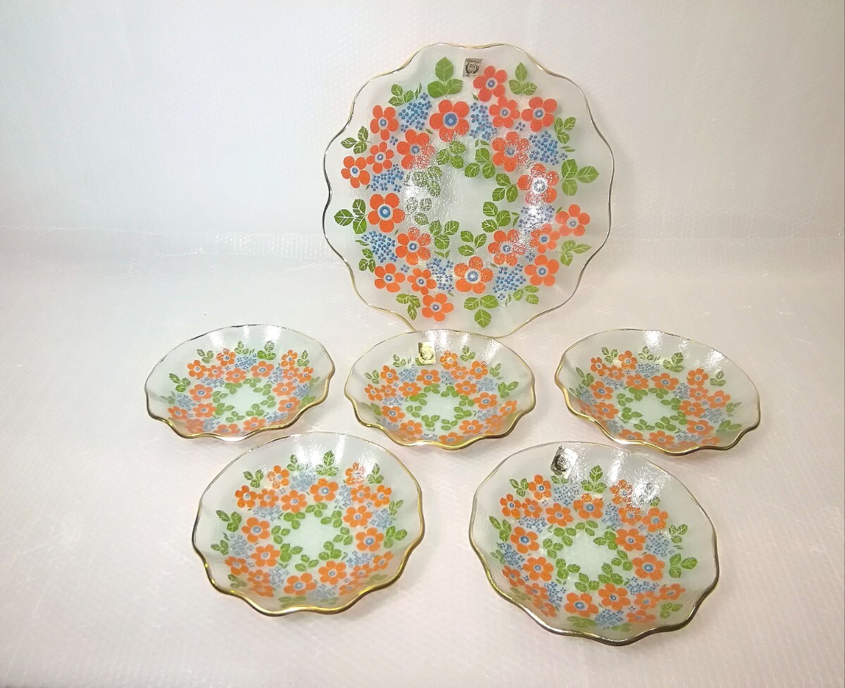 昭和レトロ ガラス鉢 ハンドメイド Fancy 花柄 大皿/小皿 6点セット 深皿 鉢 皿 アンティーク置物 飾り物 食器 プレート ⑧拍卖