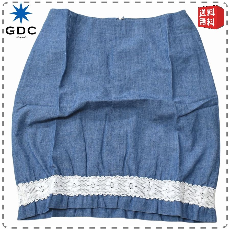フリーサイズ インディゴブルー 日本製 綿100% デニムスカート 薄手 レース GDC ジーディーシー 全国送料無料 A906拍卖