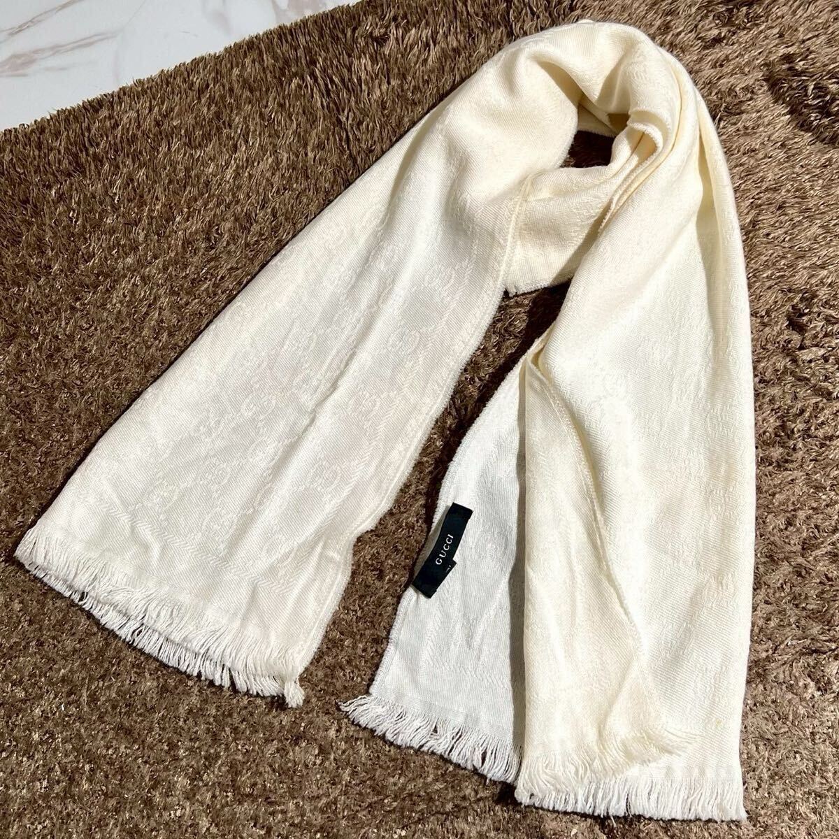 GUCCI グッチ ストール マフラー スカーフ GG 柄 フリンジ ホワイト 白 メンズ 紳士服 レディース 男女兼用 ユニセックス ビジネス 通勤拍卖