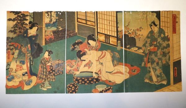 【11587】明治期 木版画/浮世絵 國貞 人物図 3枚綴り(初品・買取品)拍卖