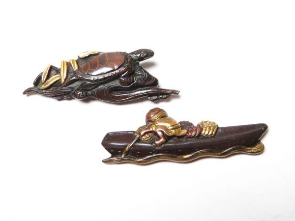 【11673】刀装具 江戸~明治 赤銅 亀 人物 目貫(初品・買取品)拍卖