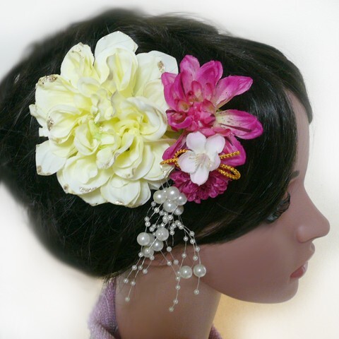 髪飾り 花 ラメダリアcwと小花パール付 クリーム ピンク 成人式 振袖 結婚式 卒業式 袴 浴衣 着物 アートフラワー拍卖