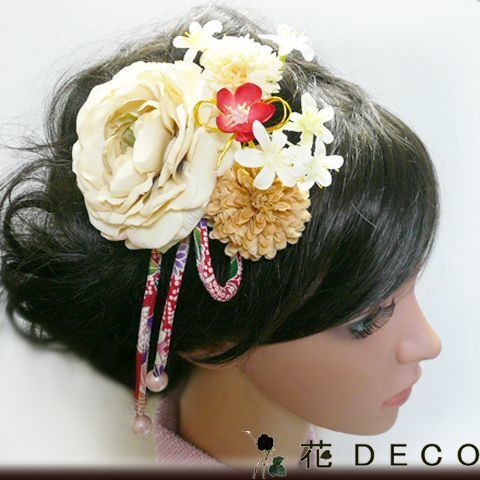 髪飾り 花 金鳳花と菊梅 ベージュ 赤 成人式 振袖 結婚式 卒業式 袴 浴衣 着物 アートフラワー くすみカラー拍卖