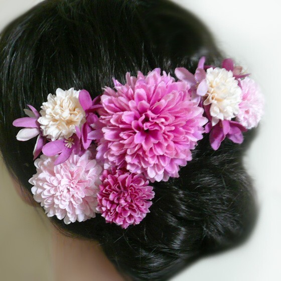 髪飾り 成人式 卒業式 花 菊roと紫陽花 ピンク 振袖 袴 浴衣 かんざし マム(1)(2)拍卖