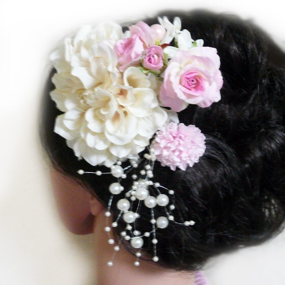 髪飾り 花 ダリアhpとミニバラパール付き 白ピンク 成人式 振袖 結婚式 卒業式 袴 浴衣 着物 (1)(2)拍卖