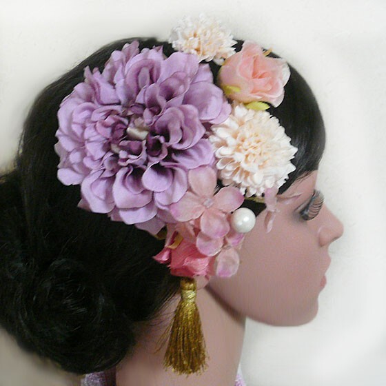 髪飾り 花 成人式 ダリアrbと菊他房付 紫ピンク 結婚式 振袖 袴 和装 着物拍卖