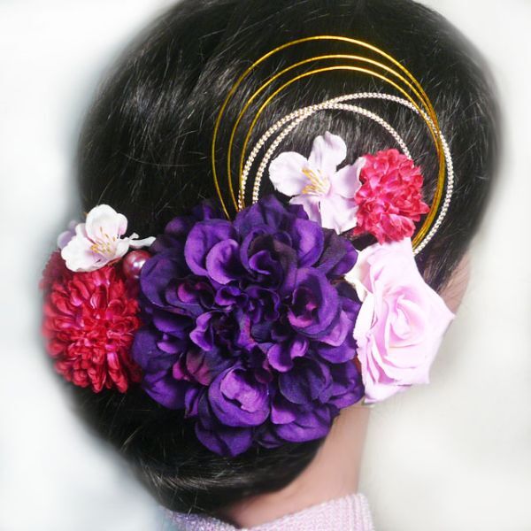 髪飾り 花 ダリアdpとバラ 紫 簪 成人式 振袖 結婚式 卒業式 袴 浴衣 着物 かんざし拍卖