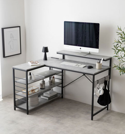 デスク L型デスク ラック モニター台 L字デスク 幅120cm ストーングレー色拍卖