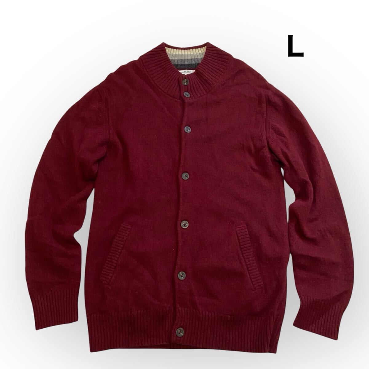 グリーンレーベルリラクシング ユナイテッドアローズ カーディガン 毛100% メンズL ワインレッド スタンドカラー モックネック拍卖