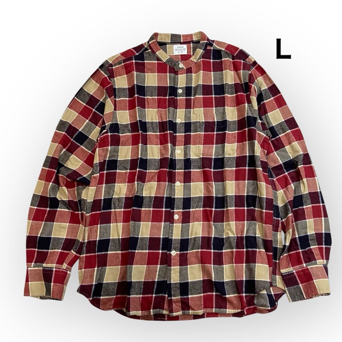 coen コーエン テキサスコットンチェックバンドカラーシャツ ネルシャツ 長袖シャツ メンズL レッド系 秋冬拍卖
