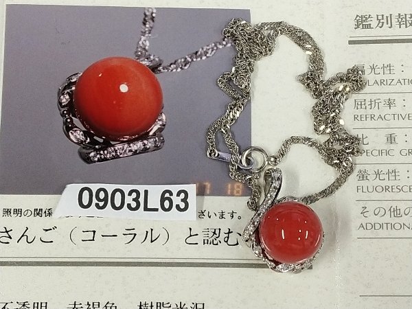 0903L63 本珊瑚 サンゴ ネックレスダイヤモンド付 宝石鑑別書付 刻印PT900 850 約10.5g拍卖