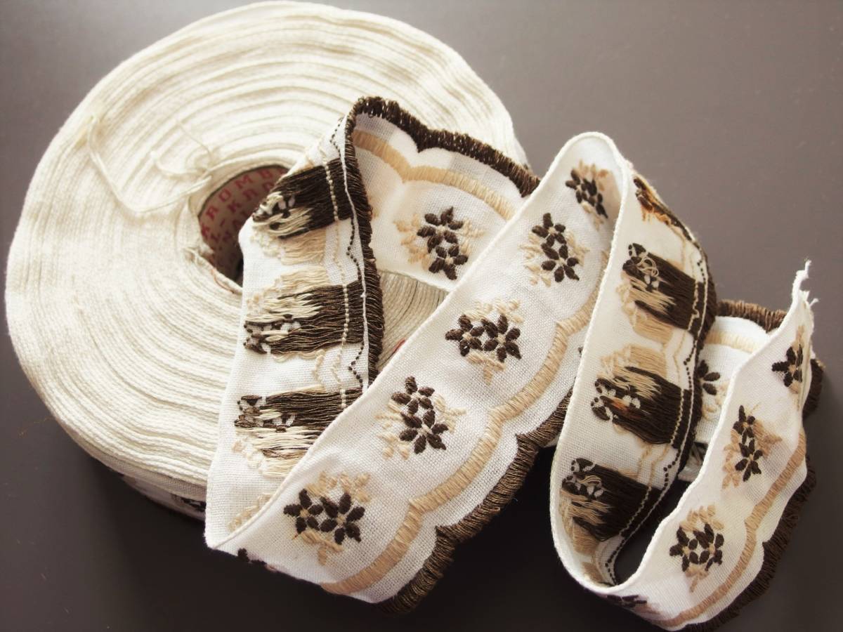 スイス/ドイツ製 ヴィンテージ リボン、ガロン、レース、トリム、コットンレース 幅約4cm (茶系の小花, House of KROMBERG ) 拍卖