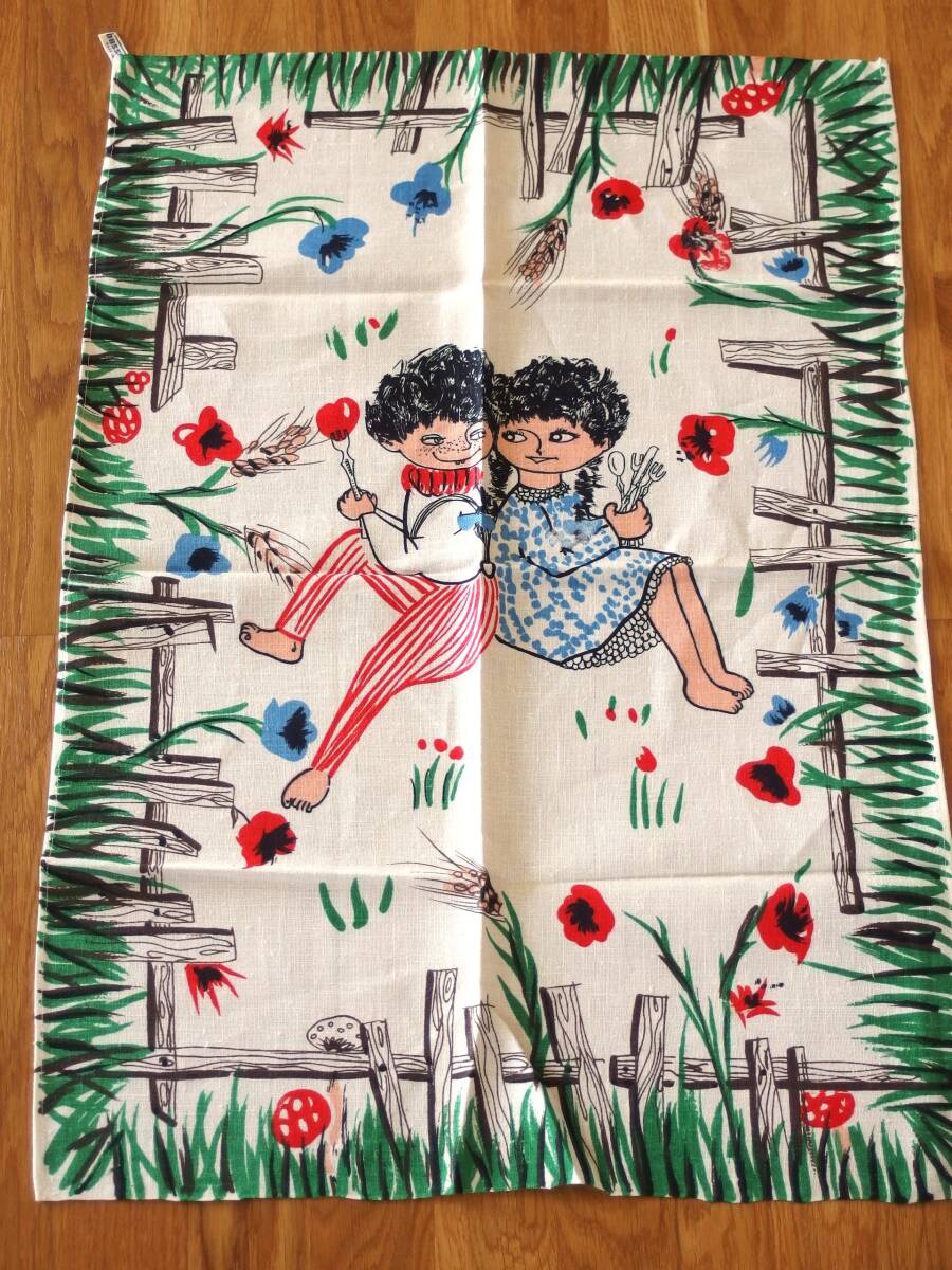新品! イタリア製 bassetti ヴィンテージ&レトロ キッチンクロス/ティータオル/タペストリー (カトラリーを持った男の子&女の子 ) 1拍卖