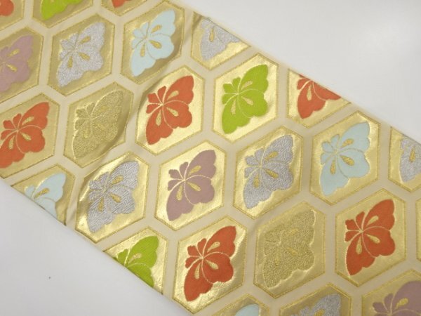 ys7521072; 変わり亀甲に花模様織り出し袋帯(着用可)【アンティーク】【着】拍卖